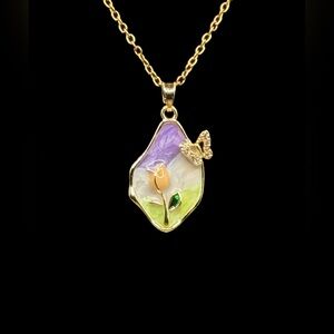 Floral Pastel Enamel Pendant with Butterfly Accent on Stainless Gold Tone Chain